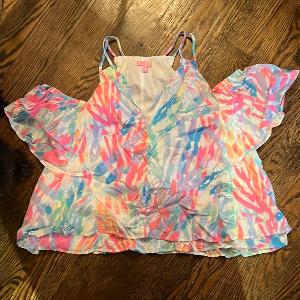 Lilly Pulitzer Flutter Sleeve Ruffled Crop Blouse in Pink and Blue